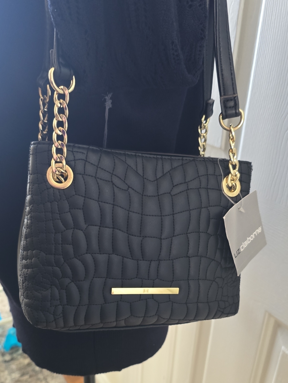Liz Claiborne Brand Women's Black Quilted Shoulder Bag with Gold Chain Strap